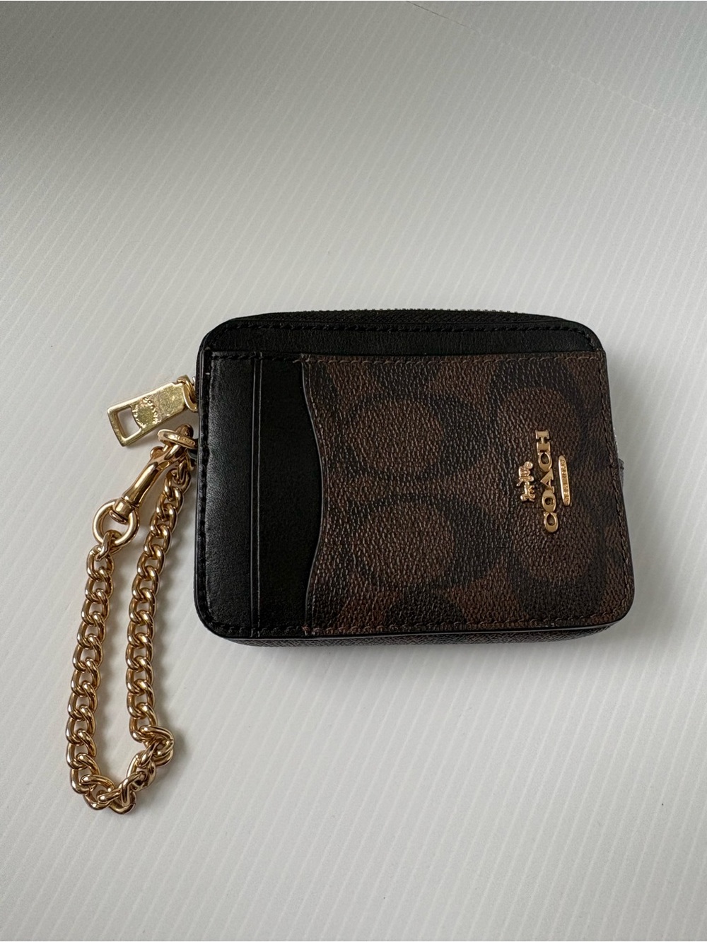 Coach Brown Signature Card Case Wristlet with Black Trim and Gold Chain